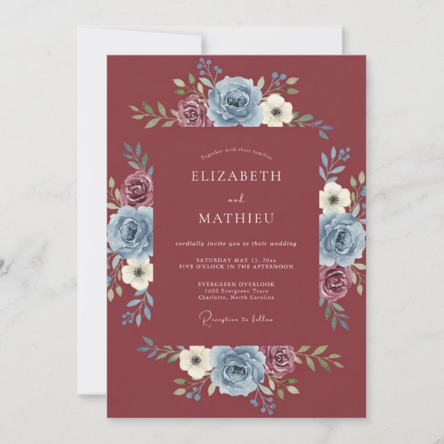 Invitation Mariage Botanique Bleu Poussiéreux Marron (Devant)