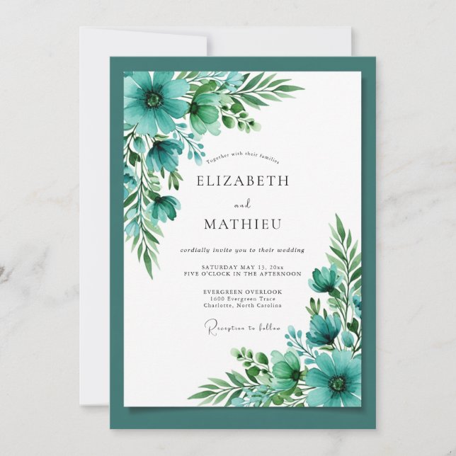 Invitation Mariage Botanique Bleu Sarcelle Enjoué (Devant)