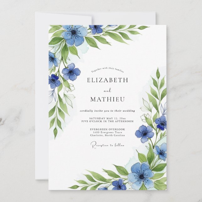 Invitation Mariage Botanique Bleu Verdoyant (Devant)