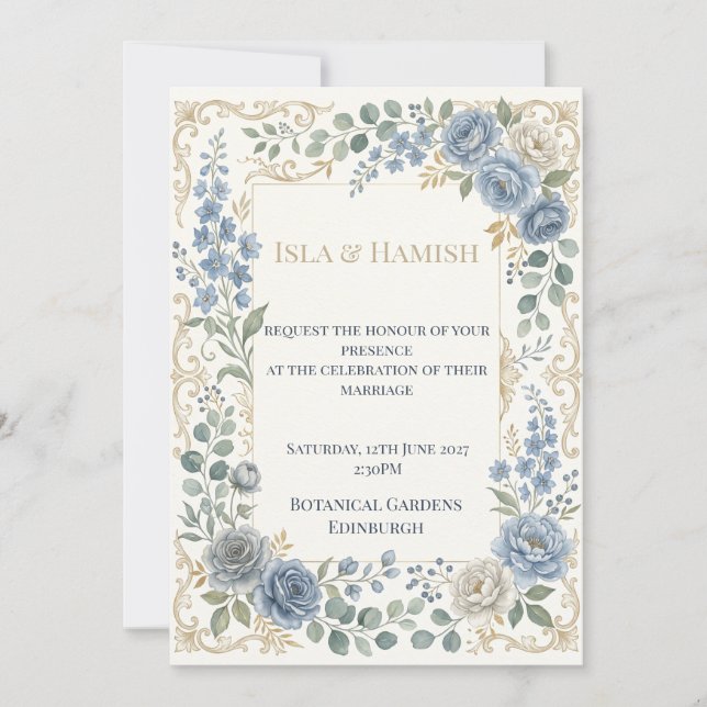 Invitation Mariage Botanique Bleu Vert Tendre (Devant)