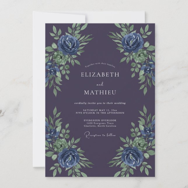 Invitation Mariage Botanique Bleu Violet Profond (Devant)