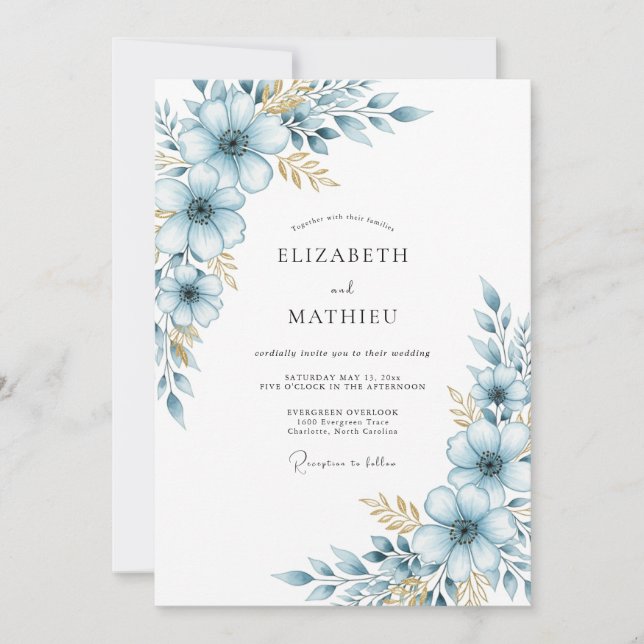 Invitation Mariage Botanique Blue Soft Bloom (Devant)