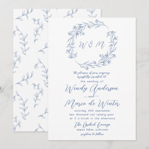 Invitation Mariage Botanique Bohème Minimal Bleu et Blanc