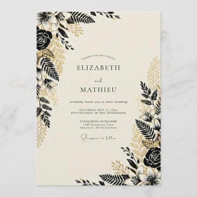 Invitation Mariage botanique boisé noir et or (Devant)