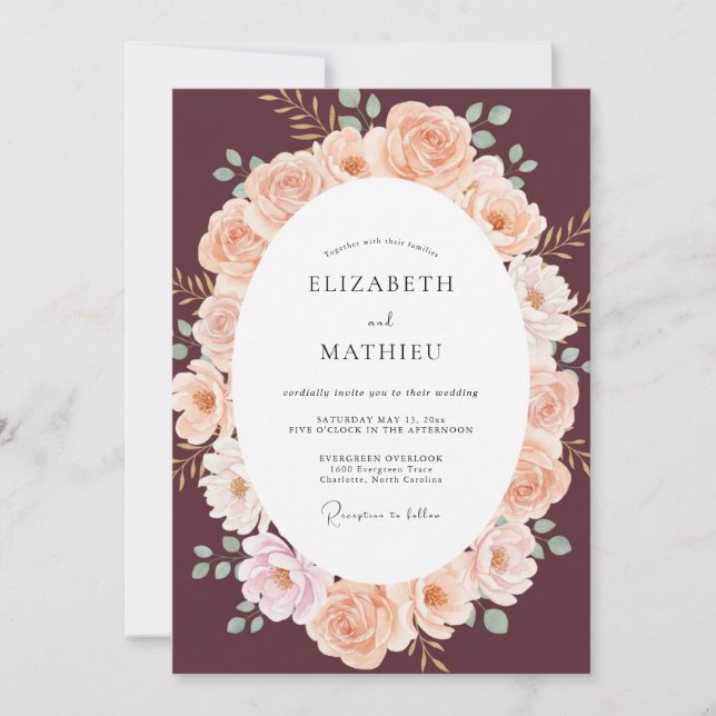 Invitation Mariage Botanique Bourguignon aux Pêches (Devant)