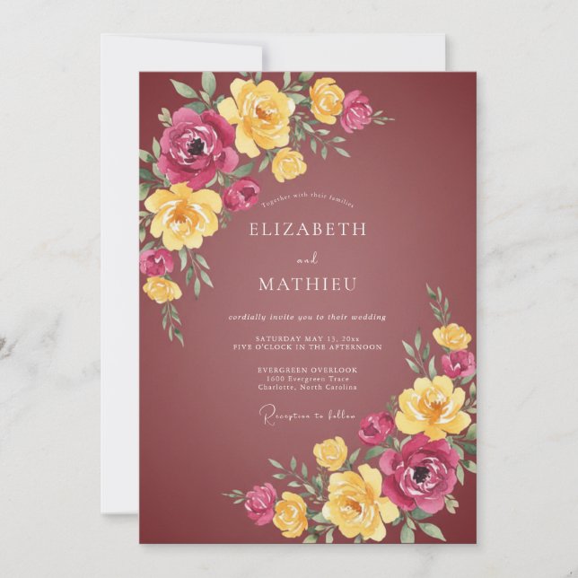 Invitation Mariage Botanique Bourguignon Fleuri (Devant)