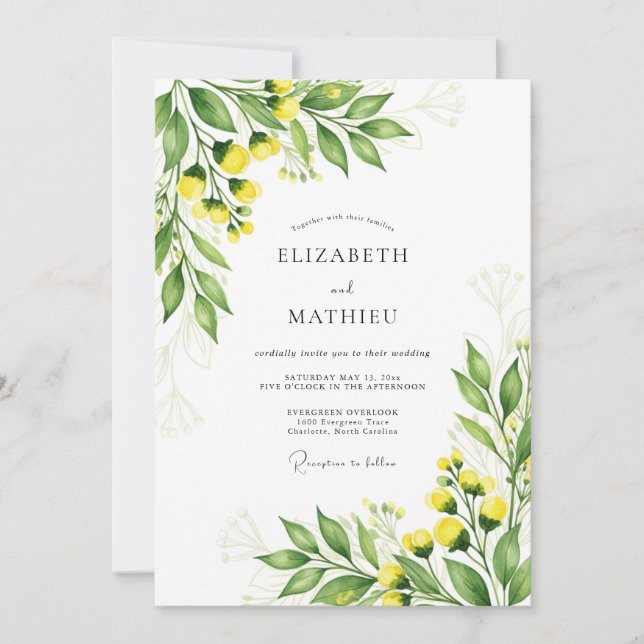 Invitation Mariage Botanique Brillante Jaune (Devant)