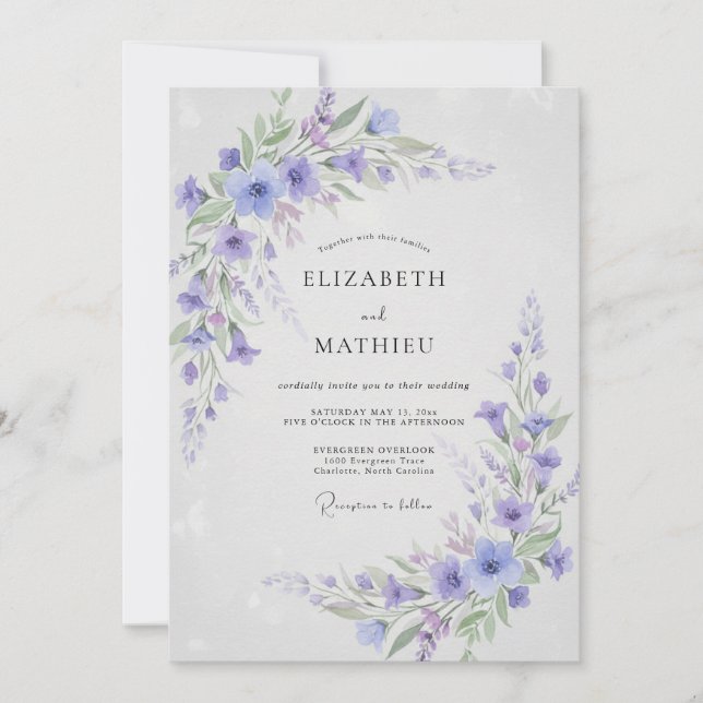 Invitation Mariage Botanique Brise Léger de Pervenche (Devant)