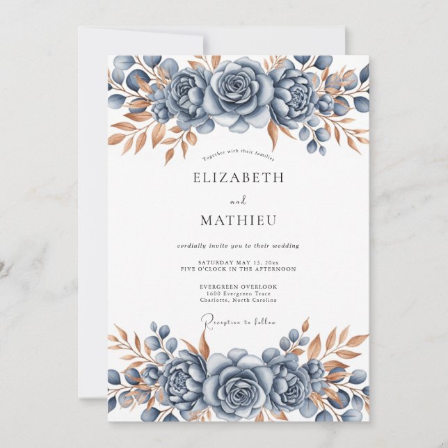Invitation Mariage Botanique Bronze Bleu Acier (Devant)