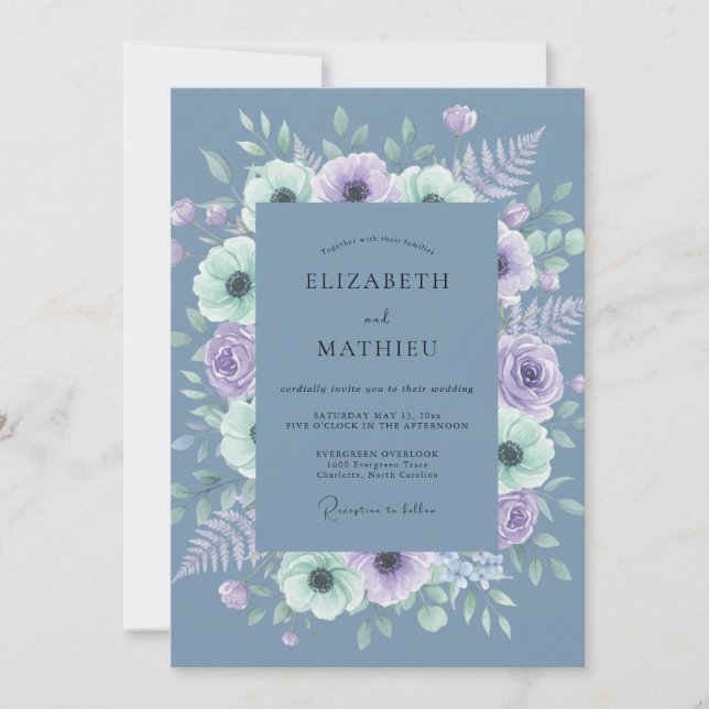 Invitation Mariage Botanique Brumeux Bleu Ardoise (Devant)