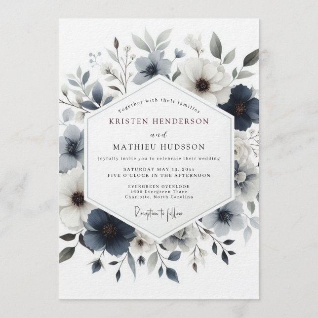 Invitation Mariage botanique brumeux bleu ardoise (Devant)