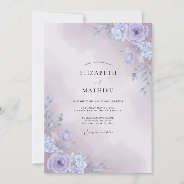 Invitation Mariage Botanique Brumeux de Pervenche (Devant)