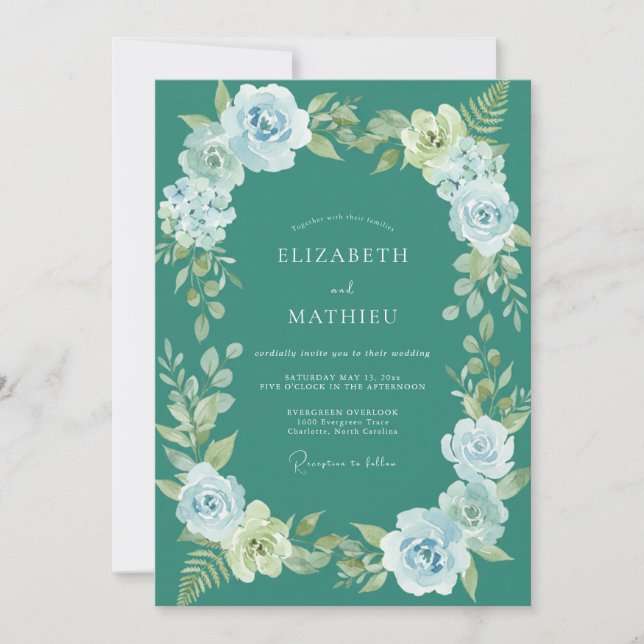 Invitation Mariage Botanique Brumeux de Teinte Téale (Devant)