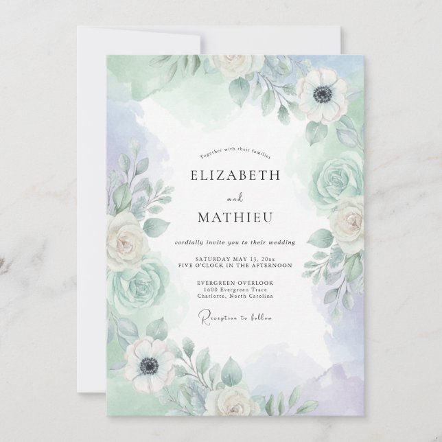 Invitation Mariage Botanique Brumeux Vert Menthe (Devant)