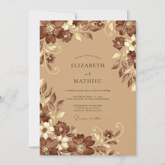 Invitation Mariage Botanique Brun Clair (Devant)