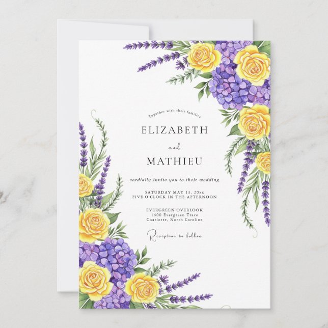 Invitation Mariage botanique capricieux jaune et violet (Devant)