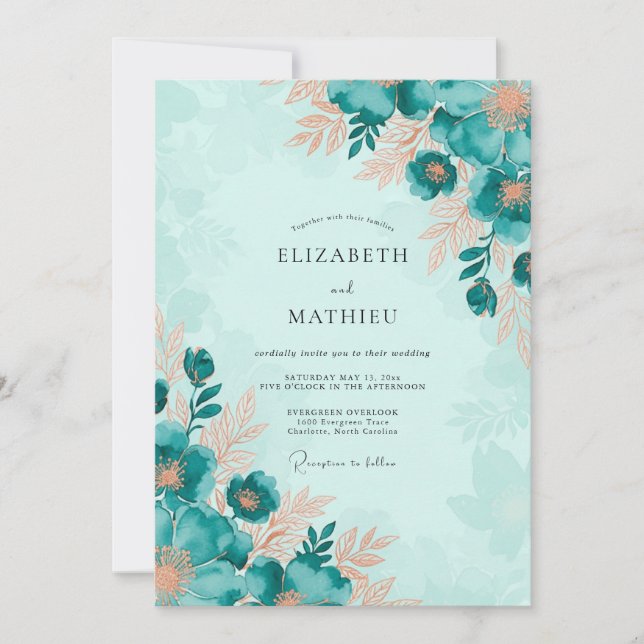 Invitation Mariage Botanique Captivant Sarcelle (Devant)