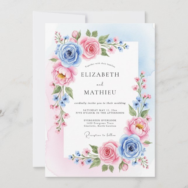 Invitation Mariage Botanique Céleste et Rose (Devant)
