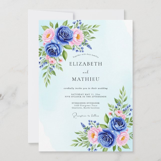 Invitation Mariage Botanique Céruléen Poli (Devant)