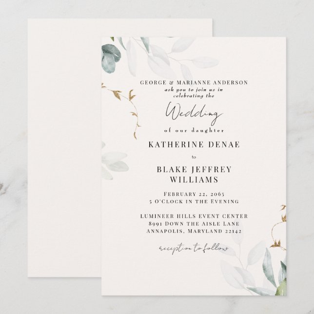 Invitation Mariage Botanique Champagne Clair (Devant / Derrière)