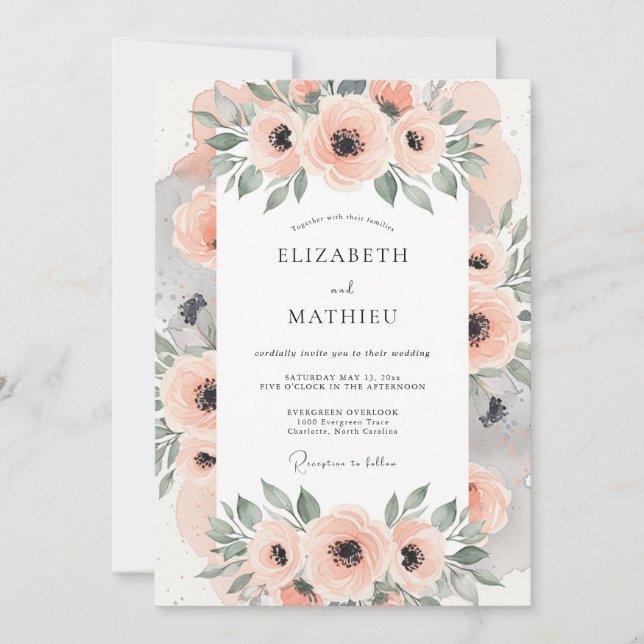 Invitation Mariage Botanique Charmant aux Pêches (Devant)