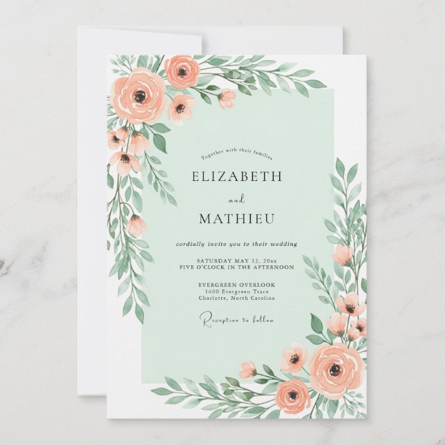 Invitation Mariage Botanique Charmant Vert Menthe (Devant)