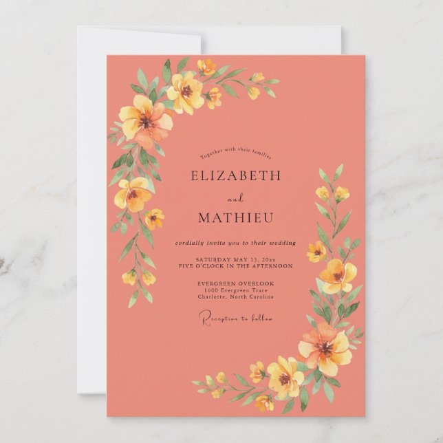 Invitation Mariage Botanique Chaud Doré Corail (Devant)
