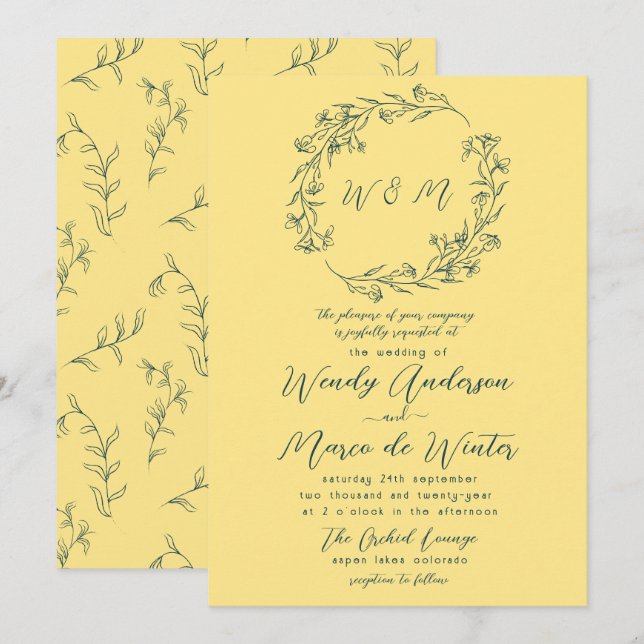 Invitation Mariage botanique chic jaune et bleu Tibre (Devant / Derrière)