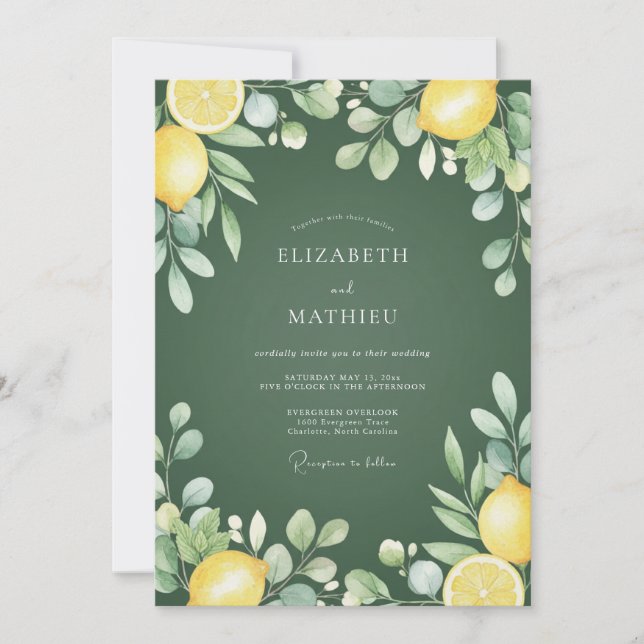 Invitation Mariage Botanique Citron Vert Olive (Devant)