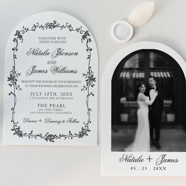 Invitation Mariage Botanique Classe Noir Blanc Floral Arqué (Créateur téléchargé)