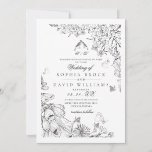 Invitation Mariage Botanique Classique Blanc Noir