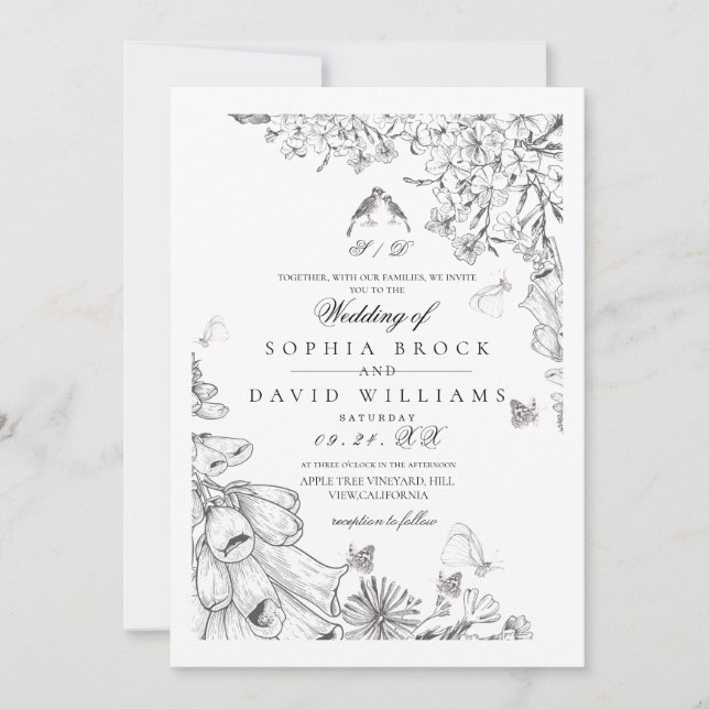 Invitation Mariage Botanique Classique Blanc Noir  (Devant)