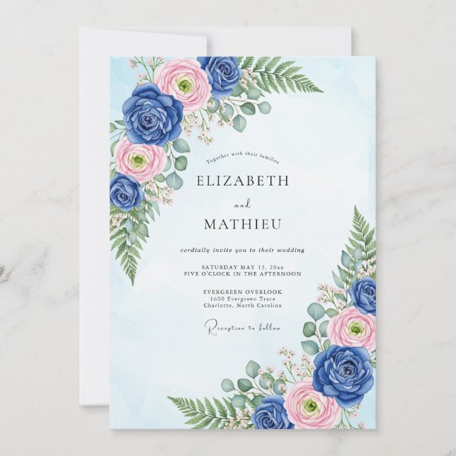 Invitation Mariage Botanique Classique Bleu Marine (Devant)