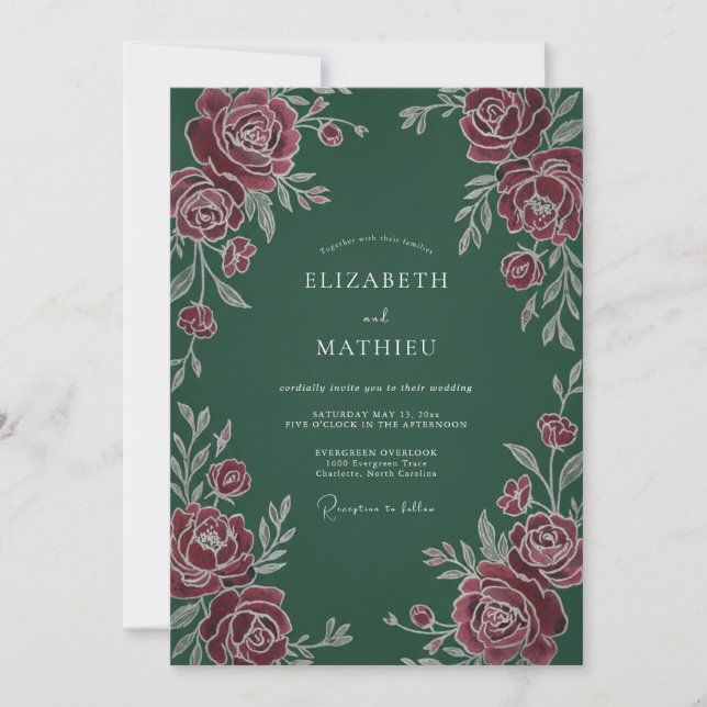 Invitation Mariage Botanique Classique Vert Foncé (Devant)