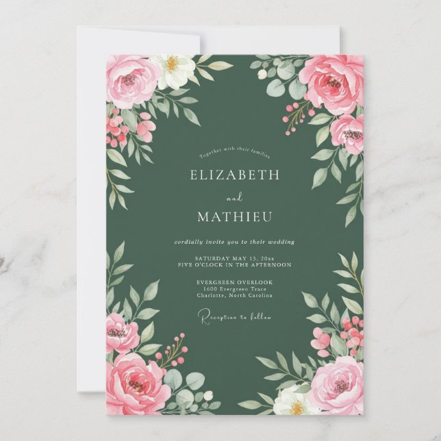 Invitation Mariage Botanique Classique Vert Forêt (Devant)