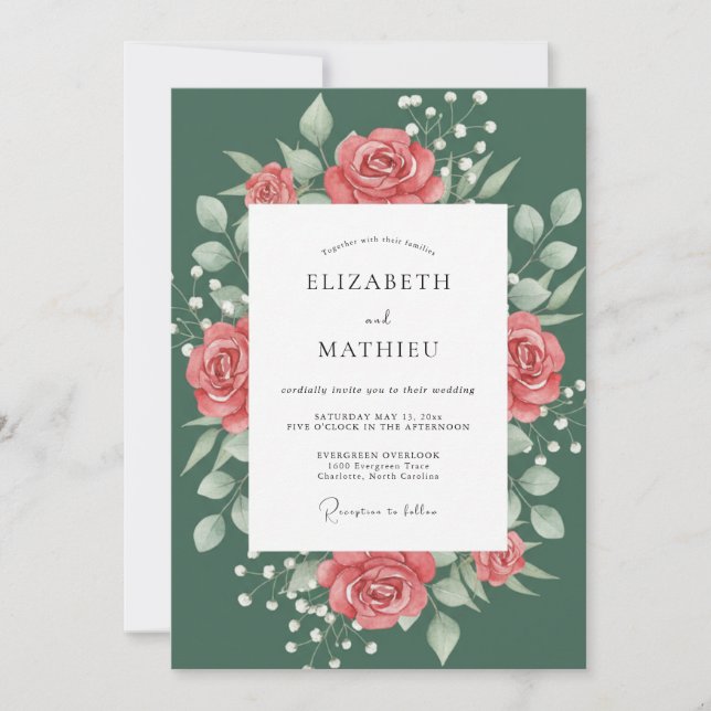 Invitation Mariage Botanique Classique Vert Pin (Devant)