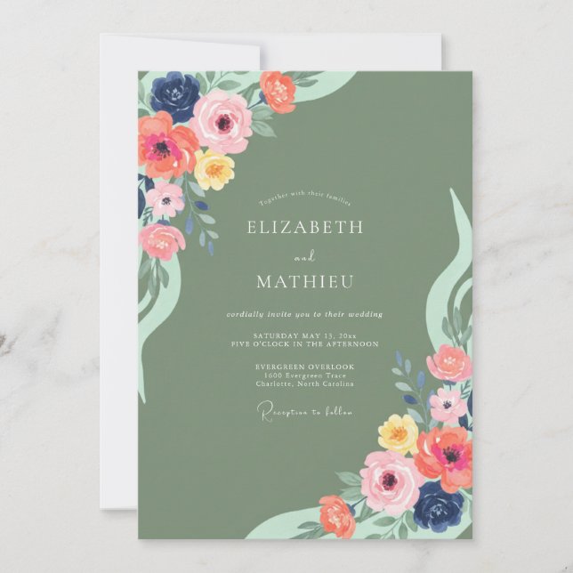 Invitation Mariage Botanique Coloré Sage (Devant)