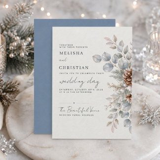 Invitation Mariage botanique Cône de pin bleu poussiéreux d'h