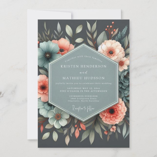 Invitation Mariage Botanique Corail Ardoise (Devant)