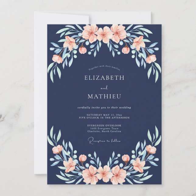 Invitation Mariage Botanique Corail de la Marine (Devant)