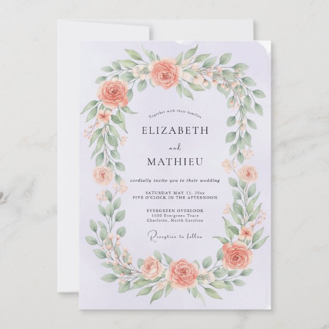 Invitation Mariage Botanique Corail Douce (Devant)