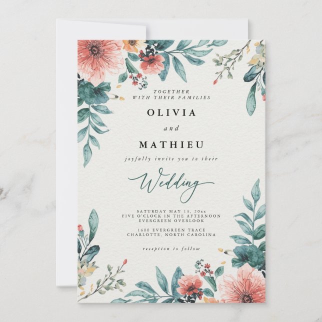 Invitation Mariage botanique corail et Turquoise (Devant)