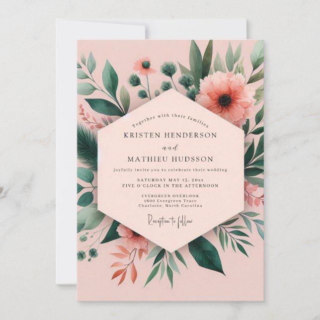Invitation Mariage botanique corail fantaisie (Devant)