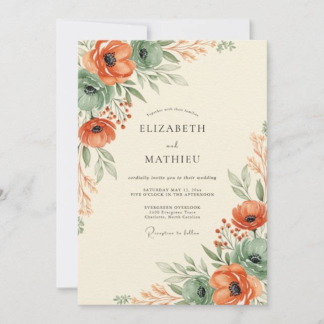 Invitation Mariage Botanique Corail Verdoyant d'Automne (Devant)