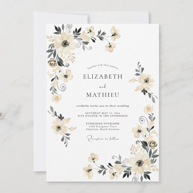 Invitation Mariage Botanique Crème Élégant (Devant)
