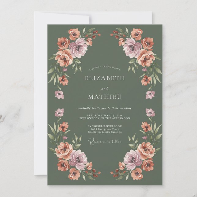 Invitation Mariage Botanique Crépusculaire Vert de Mousse (Devant)