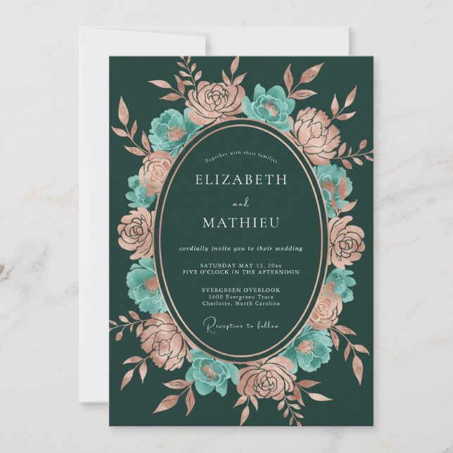 Invitation Mariage Botanique Cuivre Vert Chasseur (Devant)