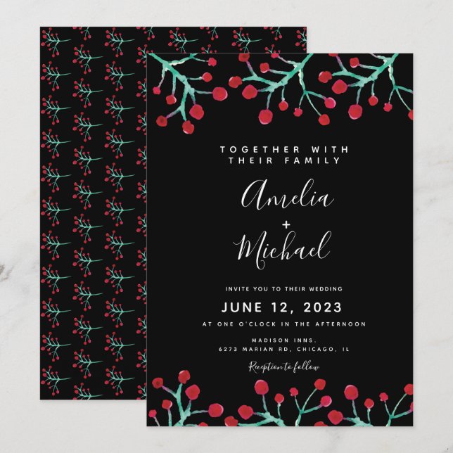 Invitation Mariage botanique de baie aquarelle de Noël (Devant / Derrière)