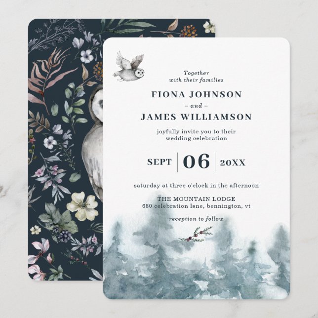 Invitation Mariage botanique de chouette de forêt à l'aquarel (Devant / Derrière)