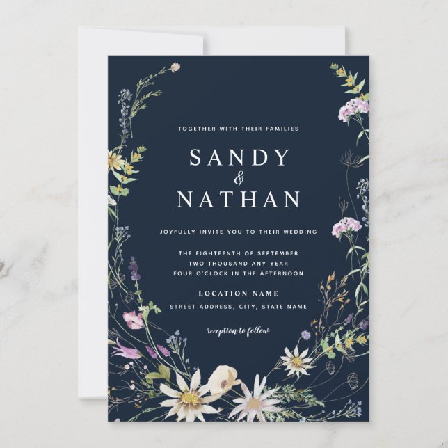 Invitation Mariage botanique de fantaisie Navy avec fleurs sa (Devant)